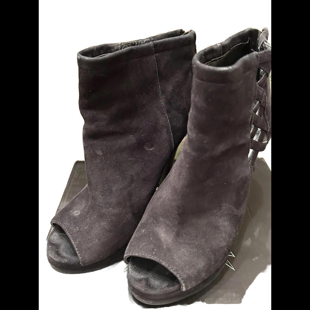 😎🖤Nine West Black Suede Open Toe Mid High Heel Platform Size 5.5 Zipper Boots